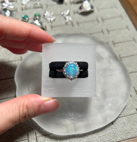 925 Sterling Silver Oval Opal Halo Crystal Ring