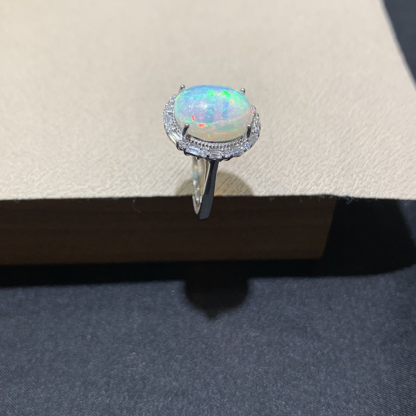 925 Sterling Silver Oval Rainbow Fire Opal Halo Ring