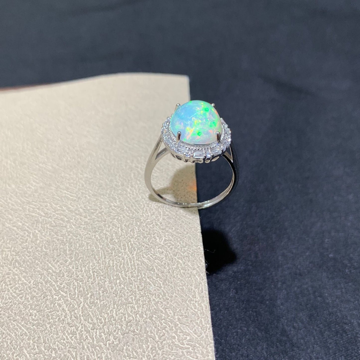 925 Sterling Silver Oval Rainbow Fire Opal Halo Ring