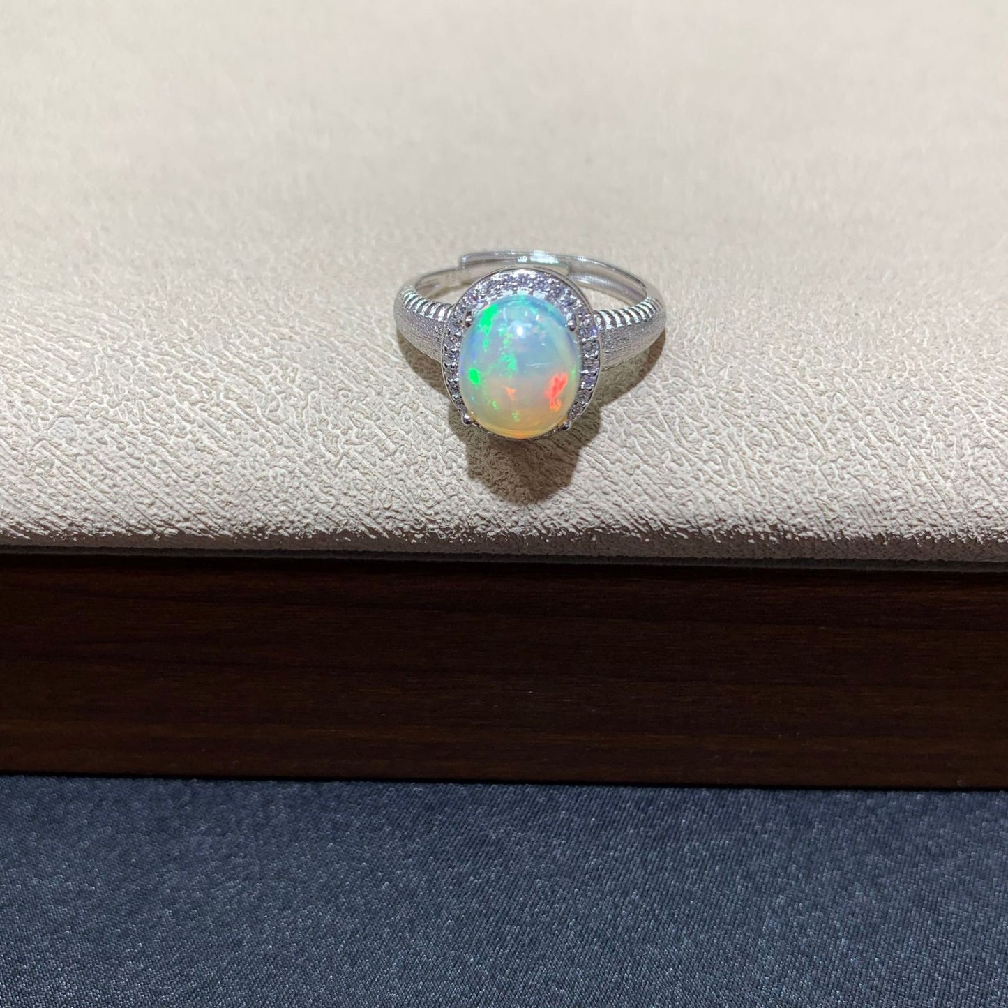 925 Sterling Silver White Opal Halo Open Ring