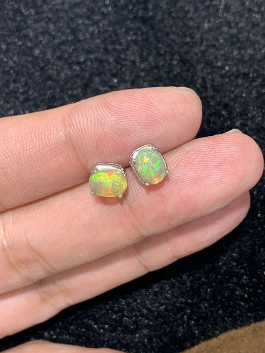 925 Sterling Silver Oval Opal Stud Earrings