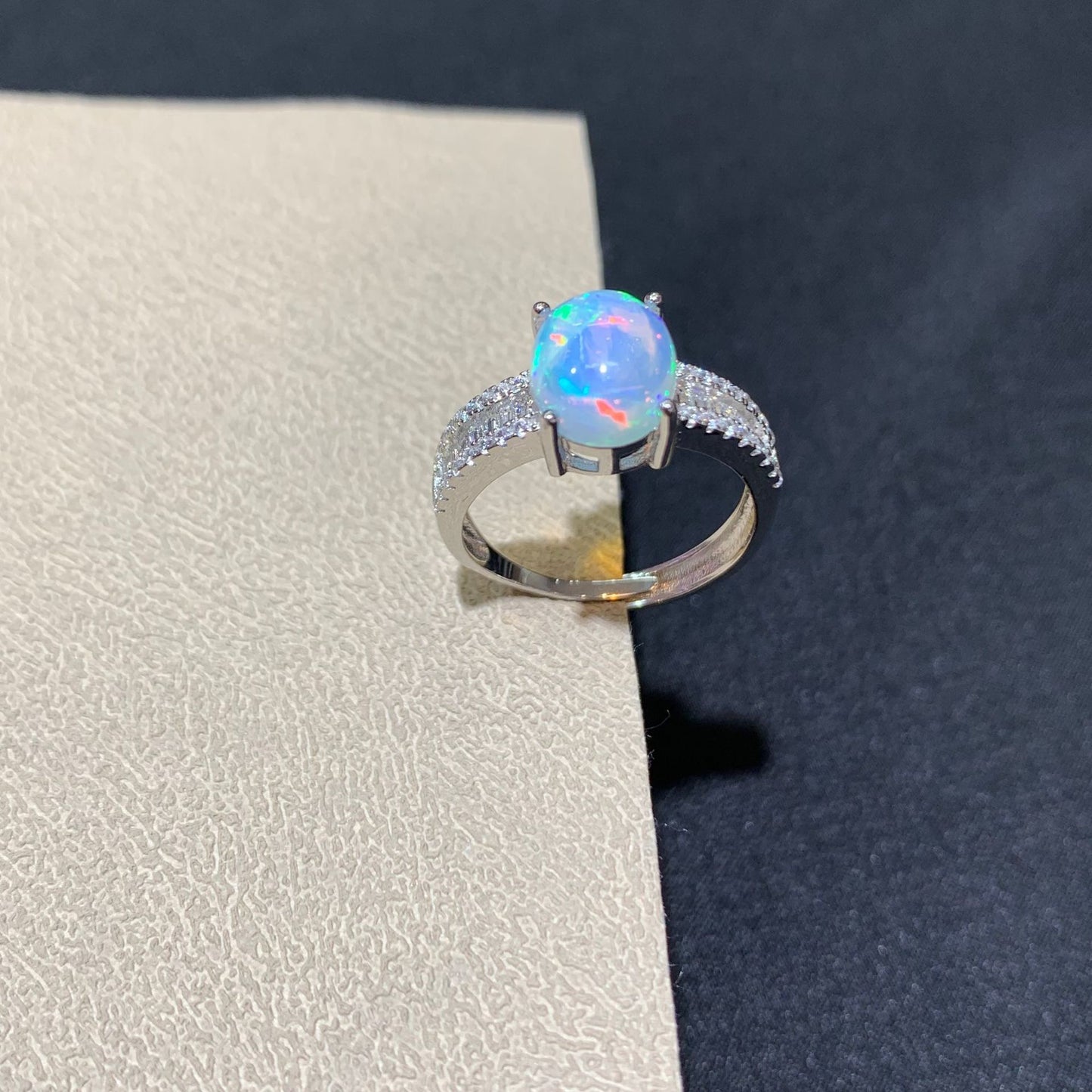 925 Sterling Silver Opal Baguette Double Row Open Ring