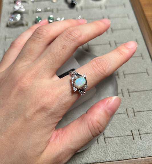 925 Sterling Silver Opal Hollow Leaf Open Ring