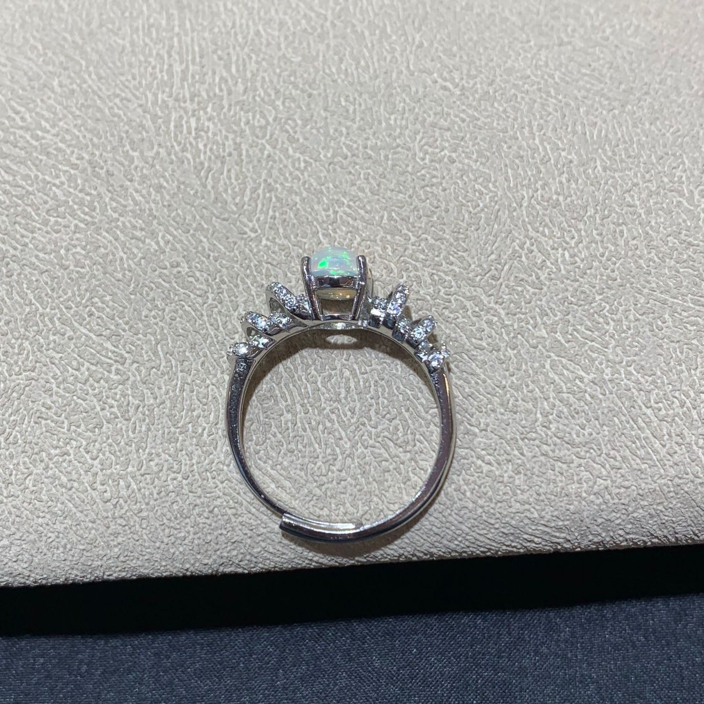 925 Sterling Silver White Opal Curved Paved Ring