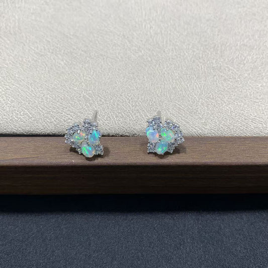 925 Sterling Silver Opal Cluster Floral Stud Earrings