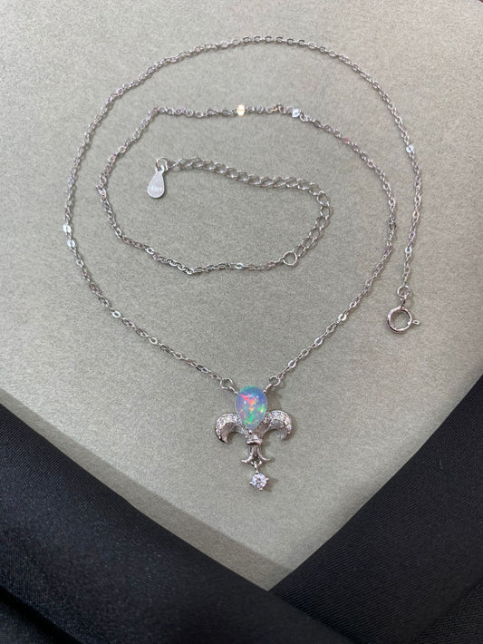925 Sterling Silver Opal Fleur-De-Lis Pendant Necklace