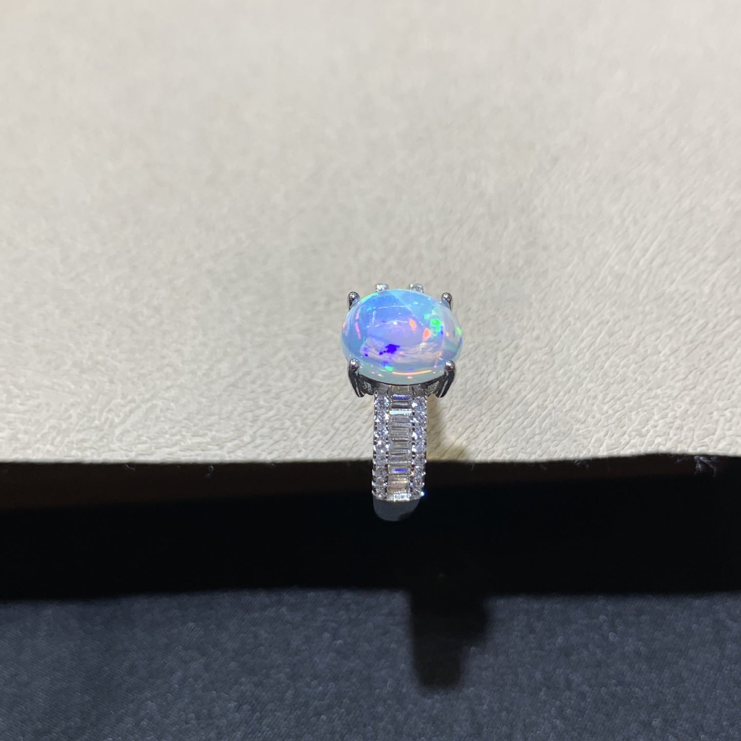 925 Sterling Silver Opal Baguette Double Row Open Ring