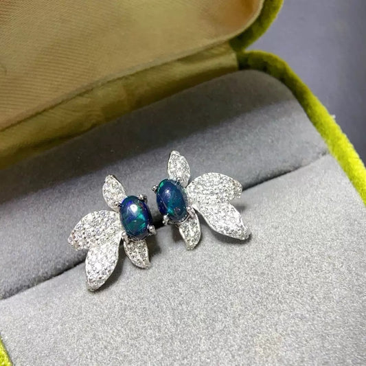 925 Sterling Silver Black Opal Butterfly Wings Stud Earrings