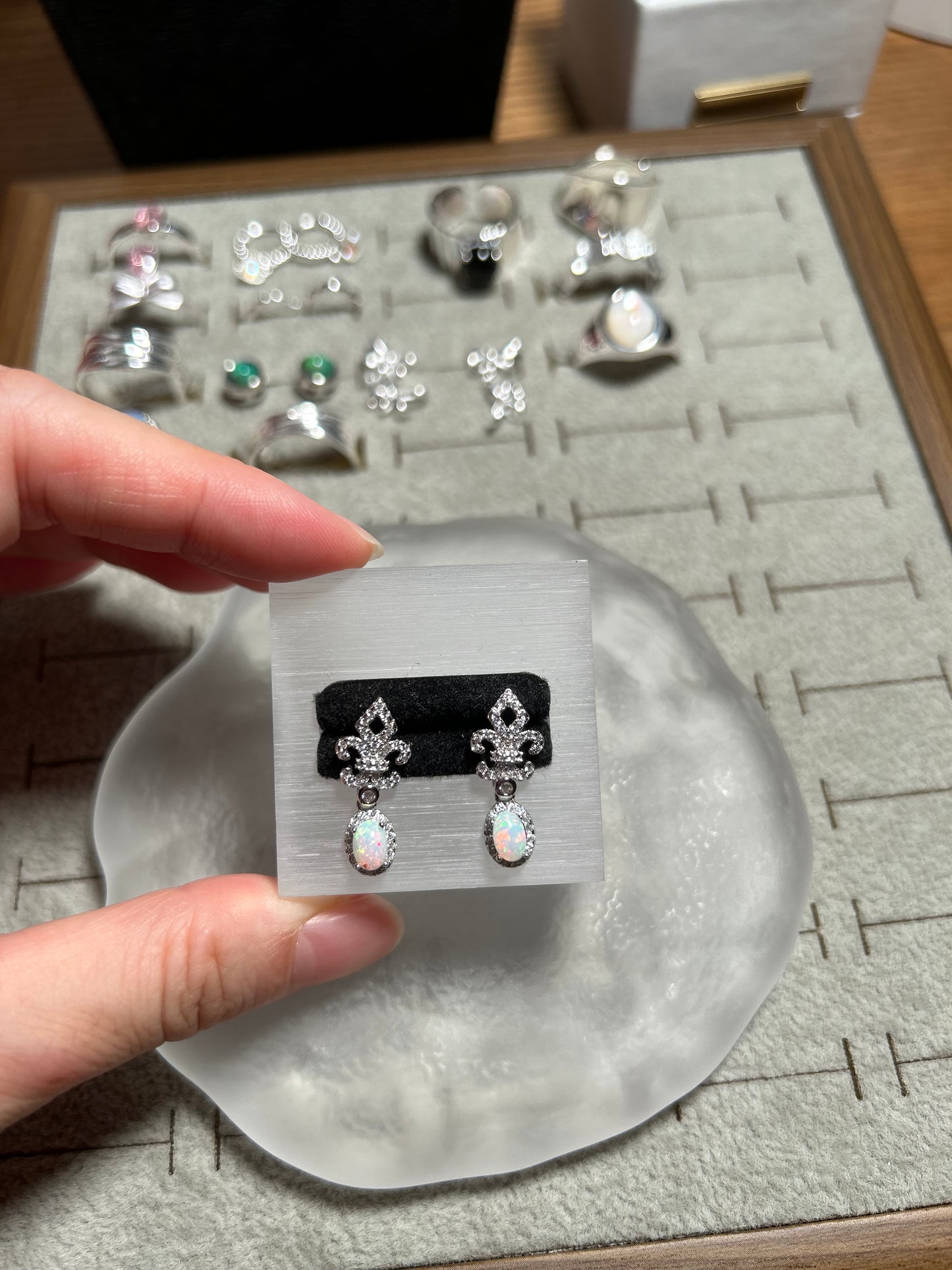 Sterling Silver White Opal Fleur-De-Lis Halo Drop Earrings