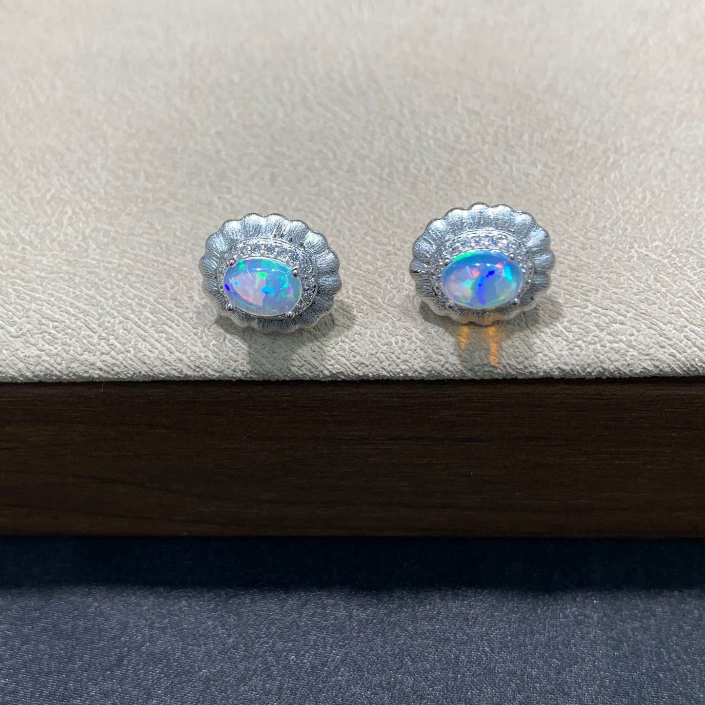 925 Sterling Silver Opal Matte Scallop Frame Stud Earrings