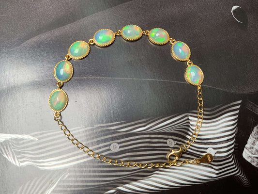 925 Sterling Silver Gold Bezel Blue Opal Bracelet
