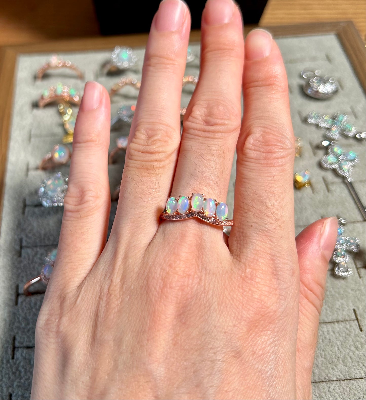 925 Rose Gold Sterling Silver Oval Opal Stackable Crown Open Ring