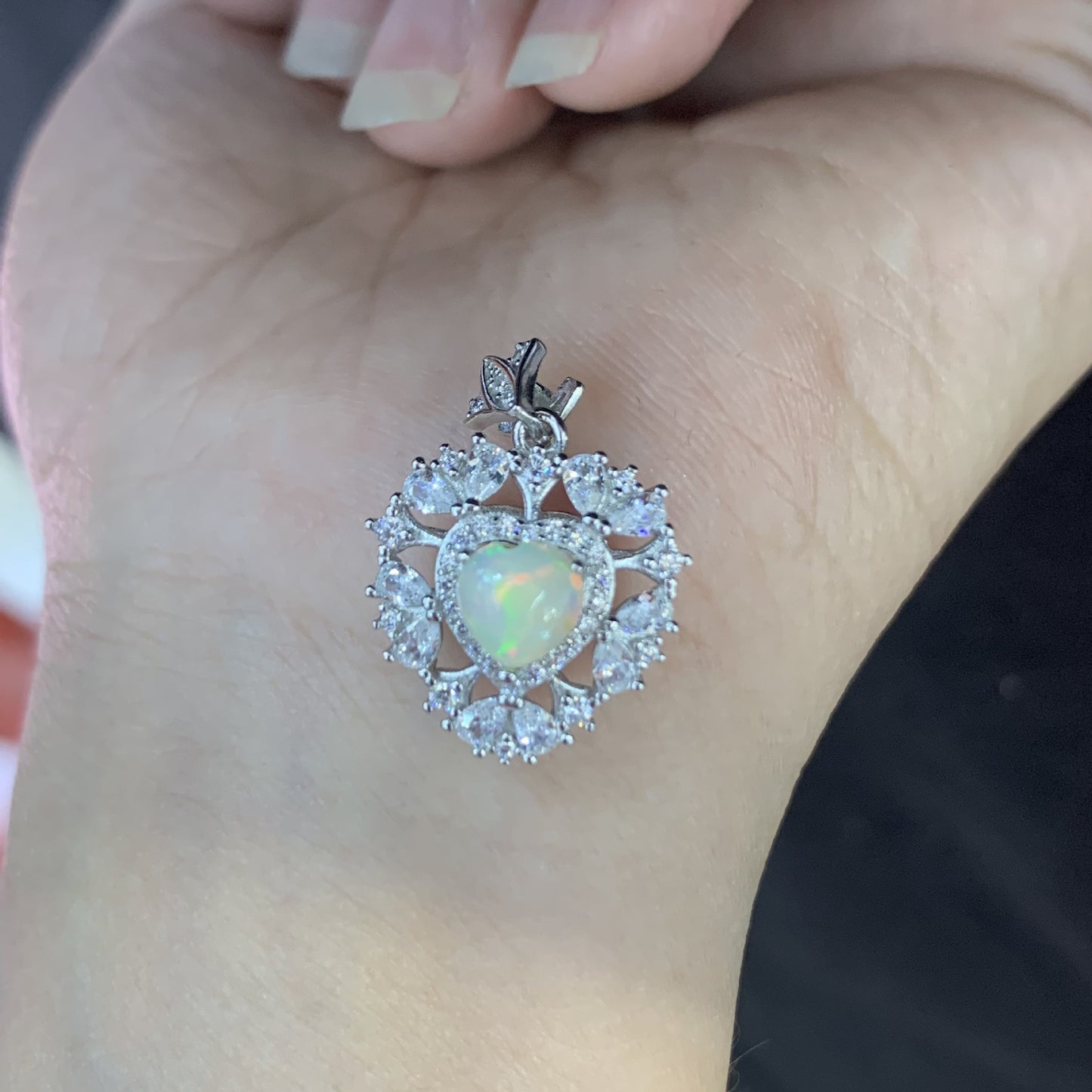 Australian 925 Sterling Silver Floral Double Halo Heart Opal Pendant