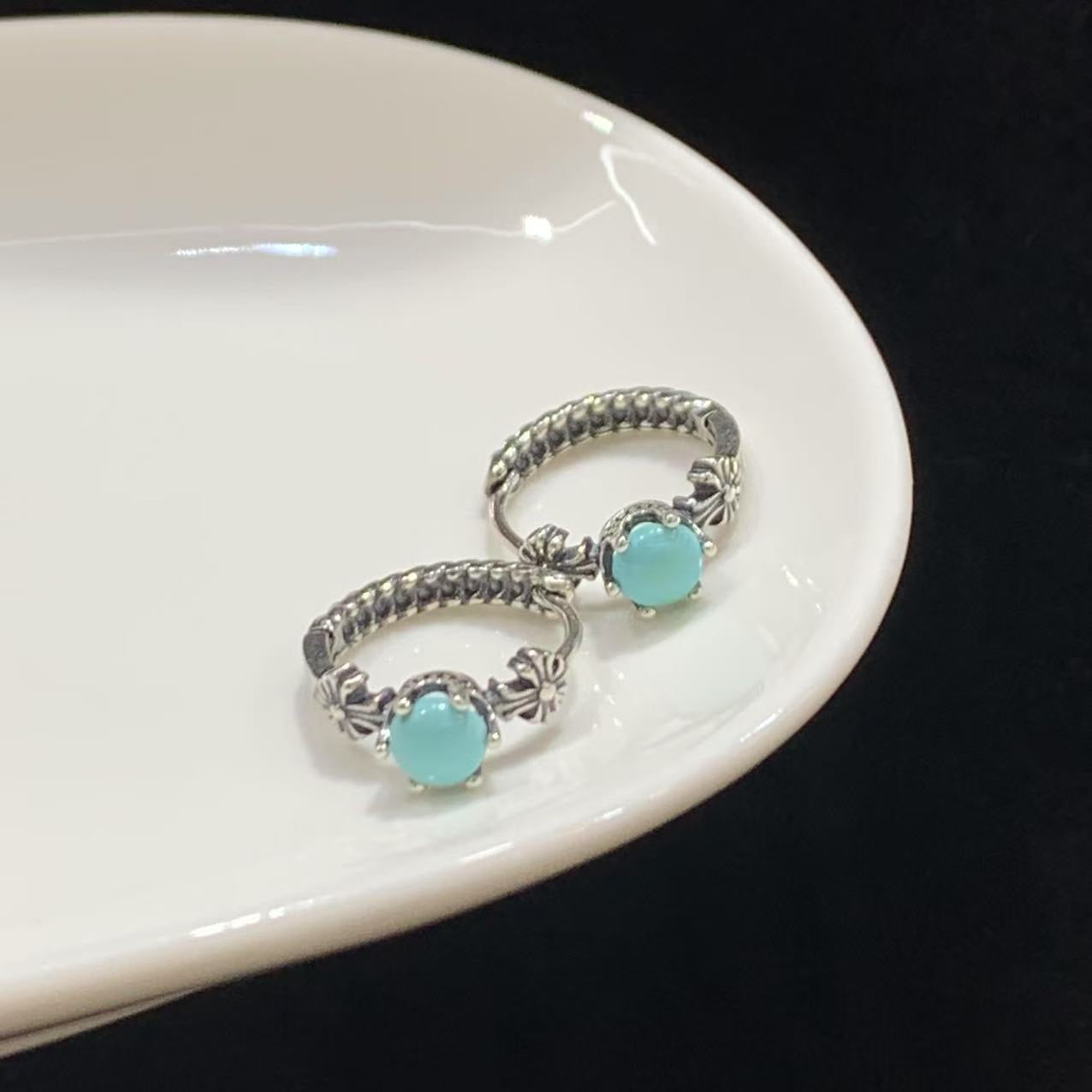 925 Sterling Silver Vintage Turquoise Huggie Hoop Earrings