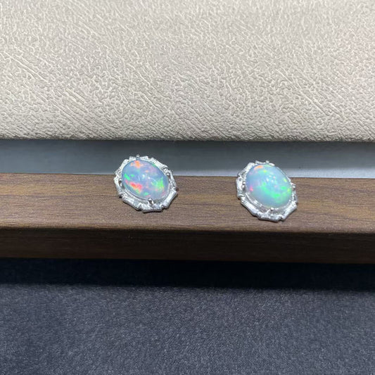 Sterling Silver Halo White Opal Stud Earrings