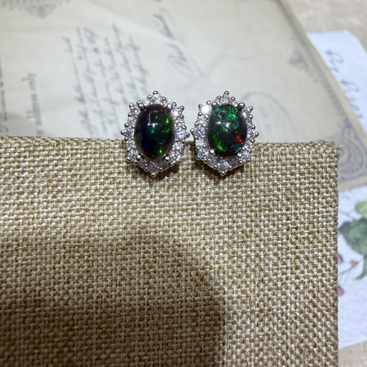 925 Sterling Silver Black Opal Halo Stud Earrings