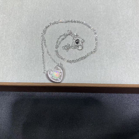 925 Sterling Silver Brushed Heart Round Opal Necklace
