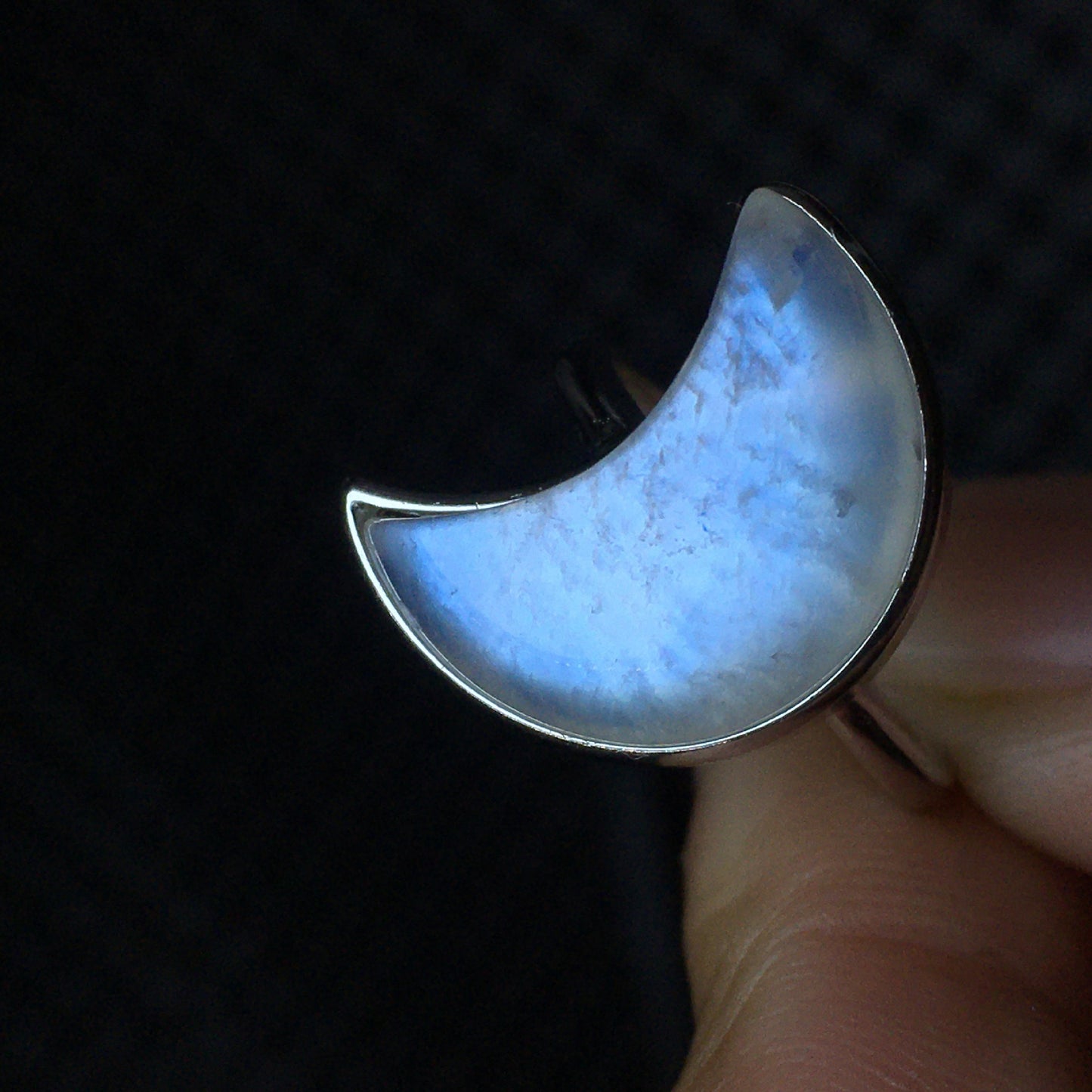 Sterling Silver Crescent Moon Blue Flash Moonstone Bezel Ring