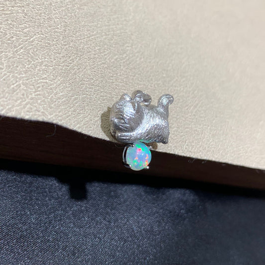 925 Sterling Silver Lazy Cat Round Opal Brushed Silver Pendant