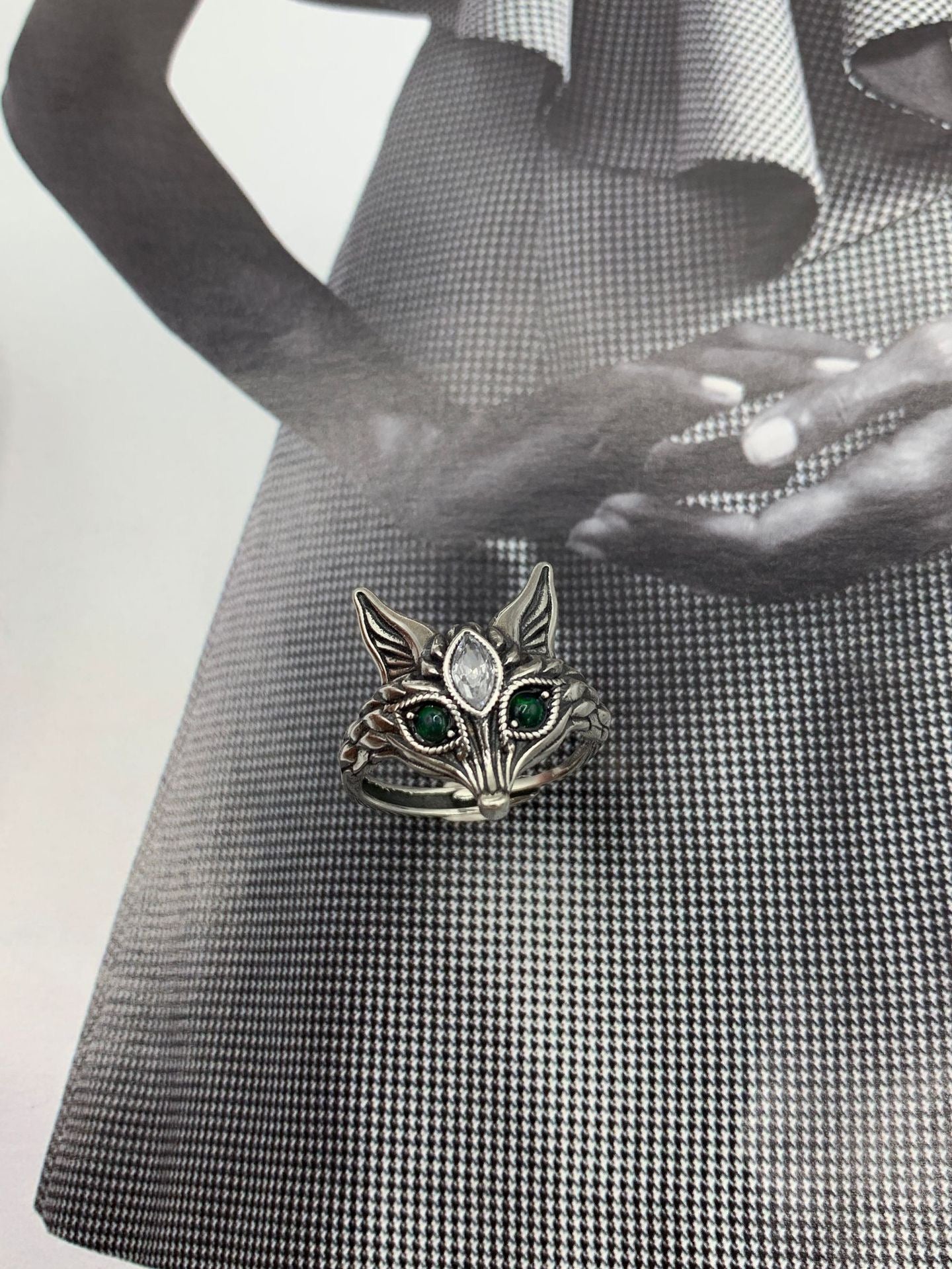 925 Sterling Silver Black Opal Fox Open Ring