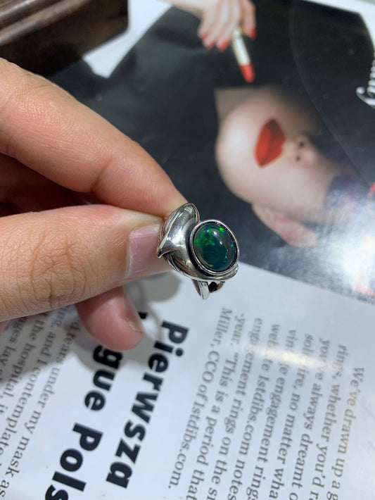 925 Sterling Silver Whale Black Opal Open Ring