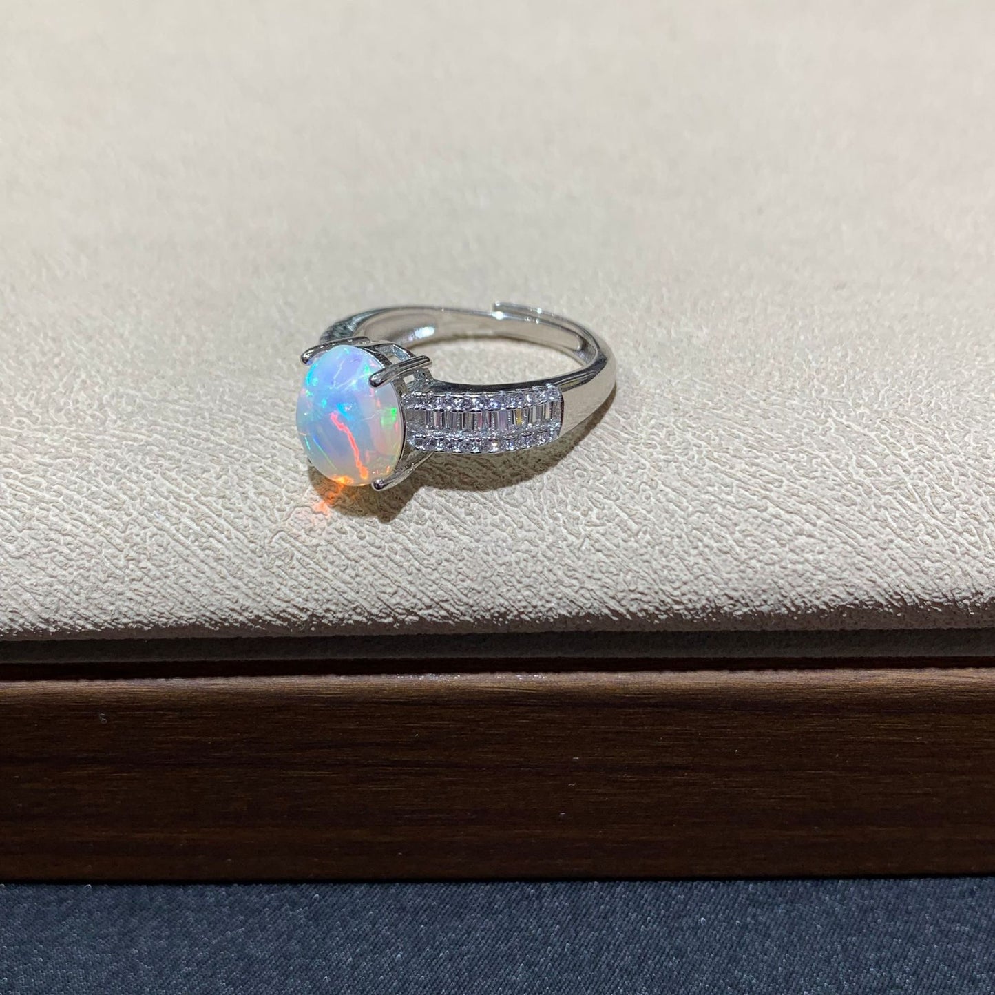 925 Sterling Silver Opal Baguette Double Row Open Ring