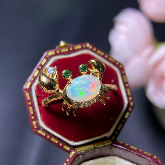 925 Sterling Silver Crab Oval Opal Open Ring