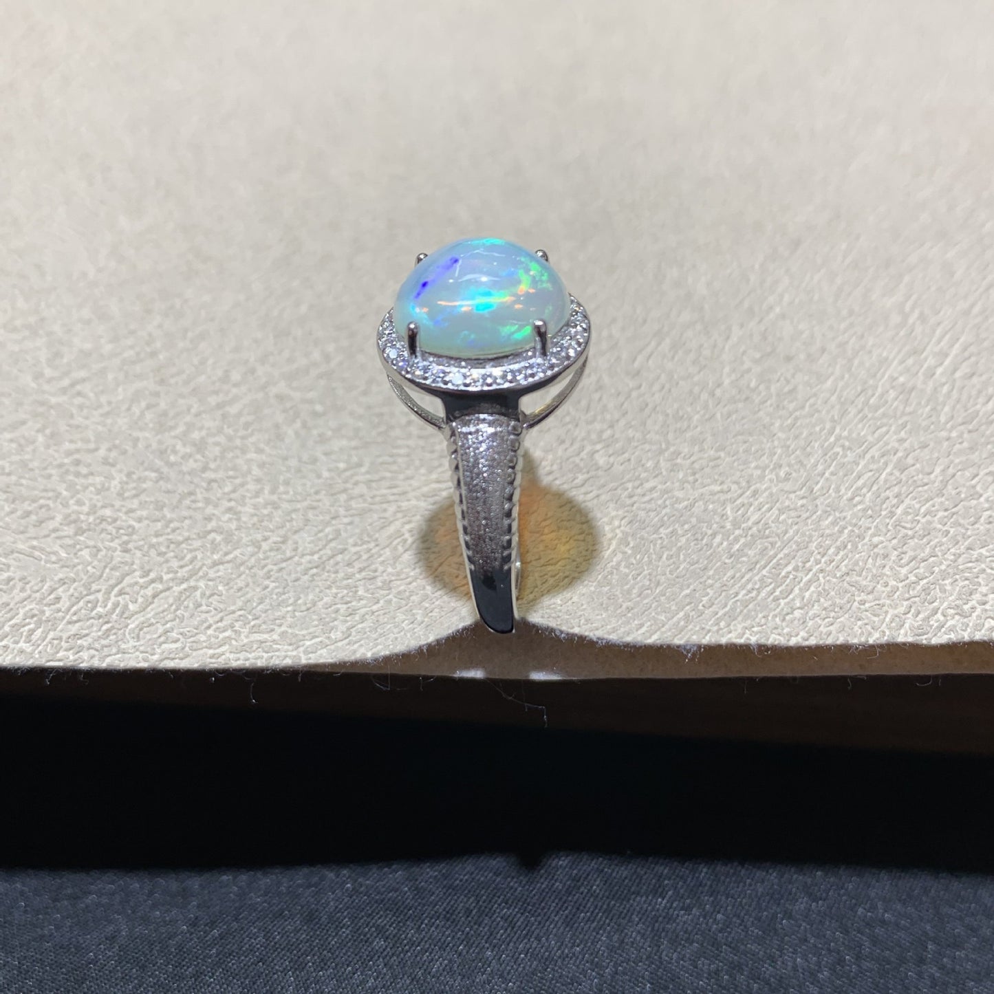 925 Sterling Silver White Opal Halo Open Ring