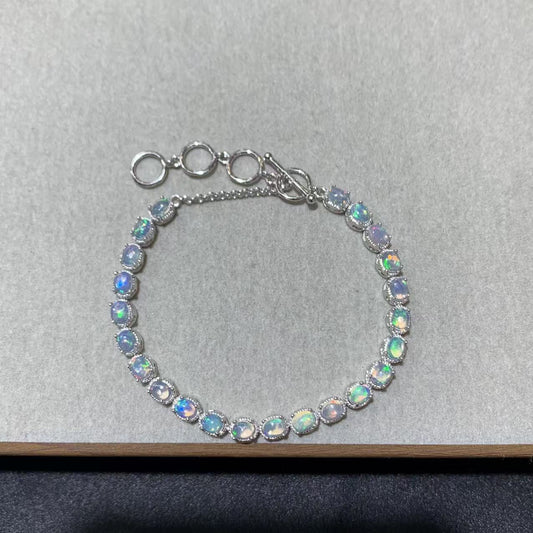 925 Sterling Silver Oval Opal Cabochon Chain Beacelet