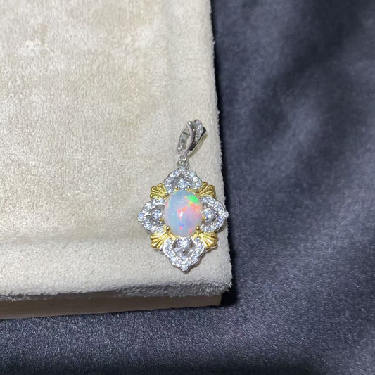 925 Sterling Silver Two Tone Vintage Diamond Shape White Opal Pendant