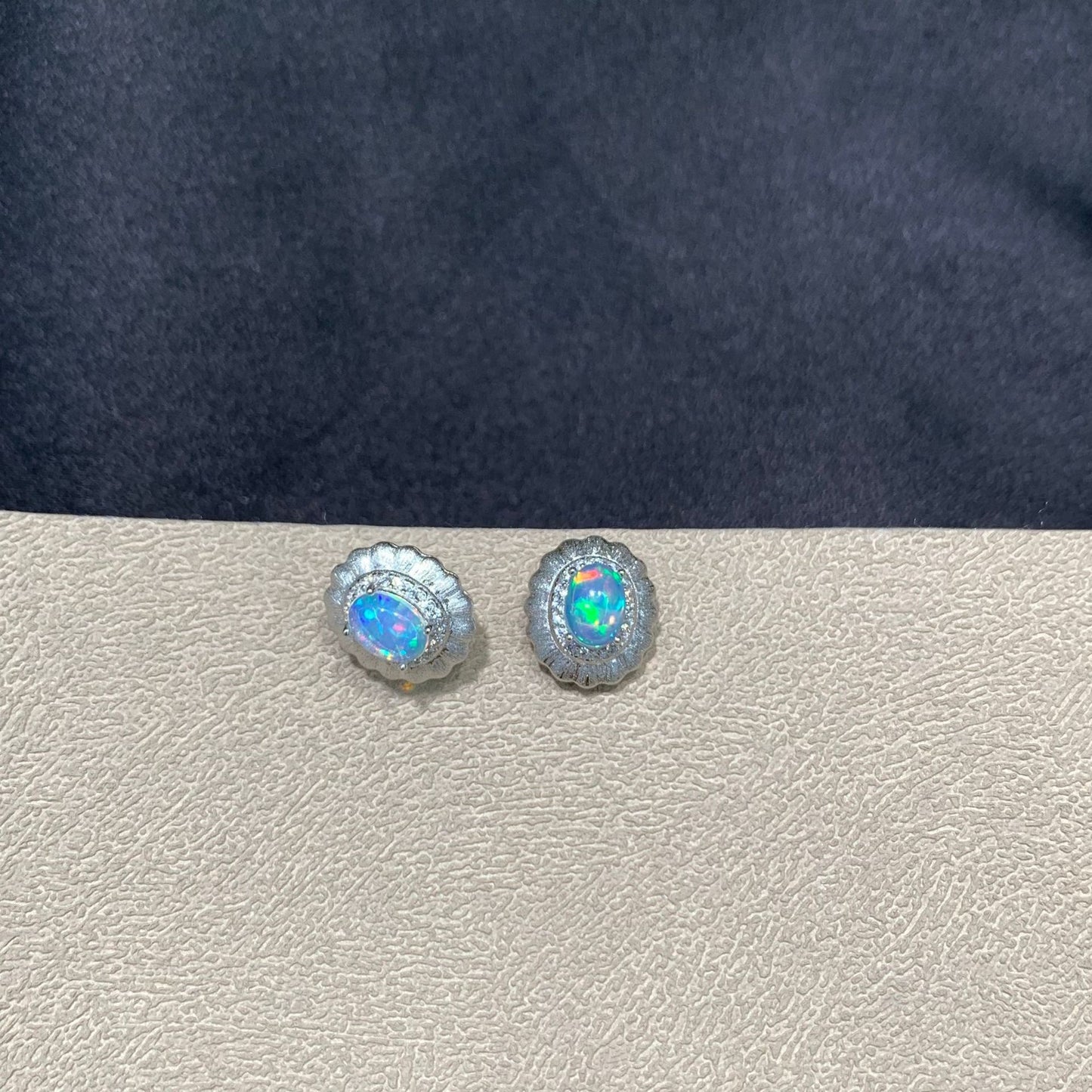 925 Sterling Silver Opal Matte Scallop Frame Stud Earrings