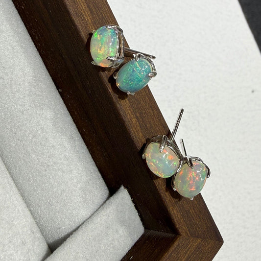 925 Sterling Silver Oval Opal Stud Earrings
