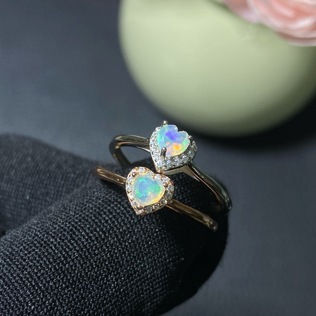 925 Rose Gold Sterling Silver Heart Opal Stackable Heart Halo Open Ring
