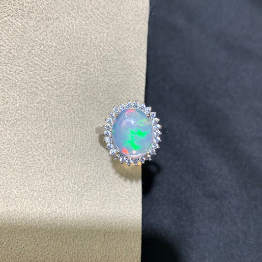 925 Sterling Silver Oval Rainbow Fire Opal Halo Ring