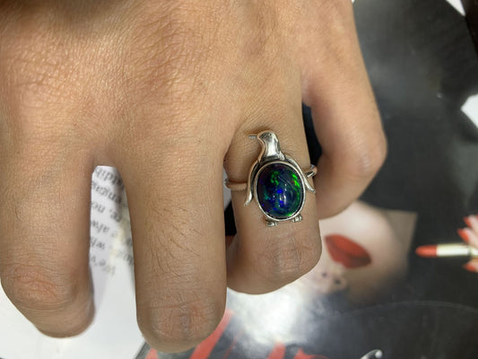 925 Sterling Silver Penguin Black Opal Open Ring