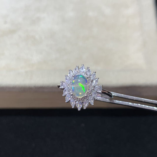 925 Sterling Silver Opal Sunflower Halo Statement Open Ring