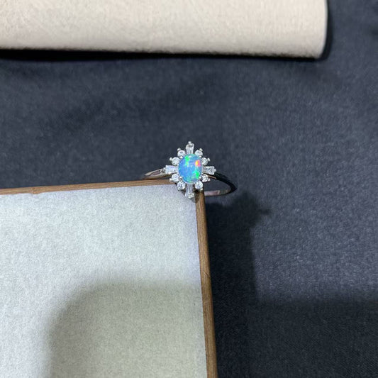 925 Sterling Silver Opal Sunburst Halo Open Ring