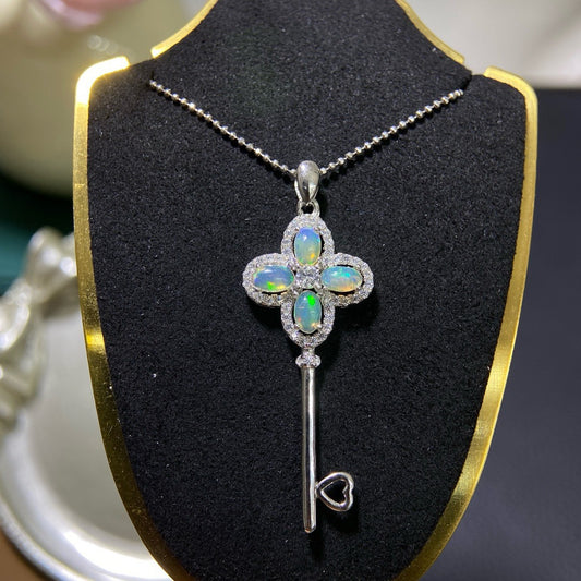 925 Sterling Silver Four Leaf Clover Heart Key Opal Pendant