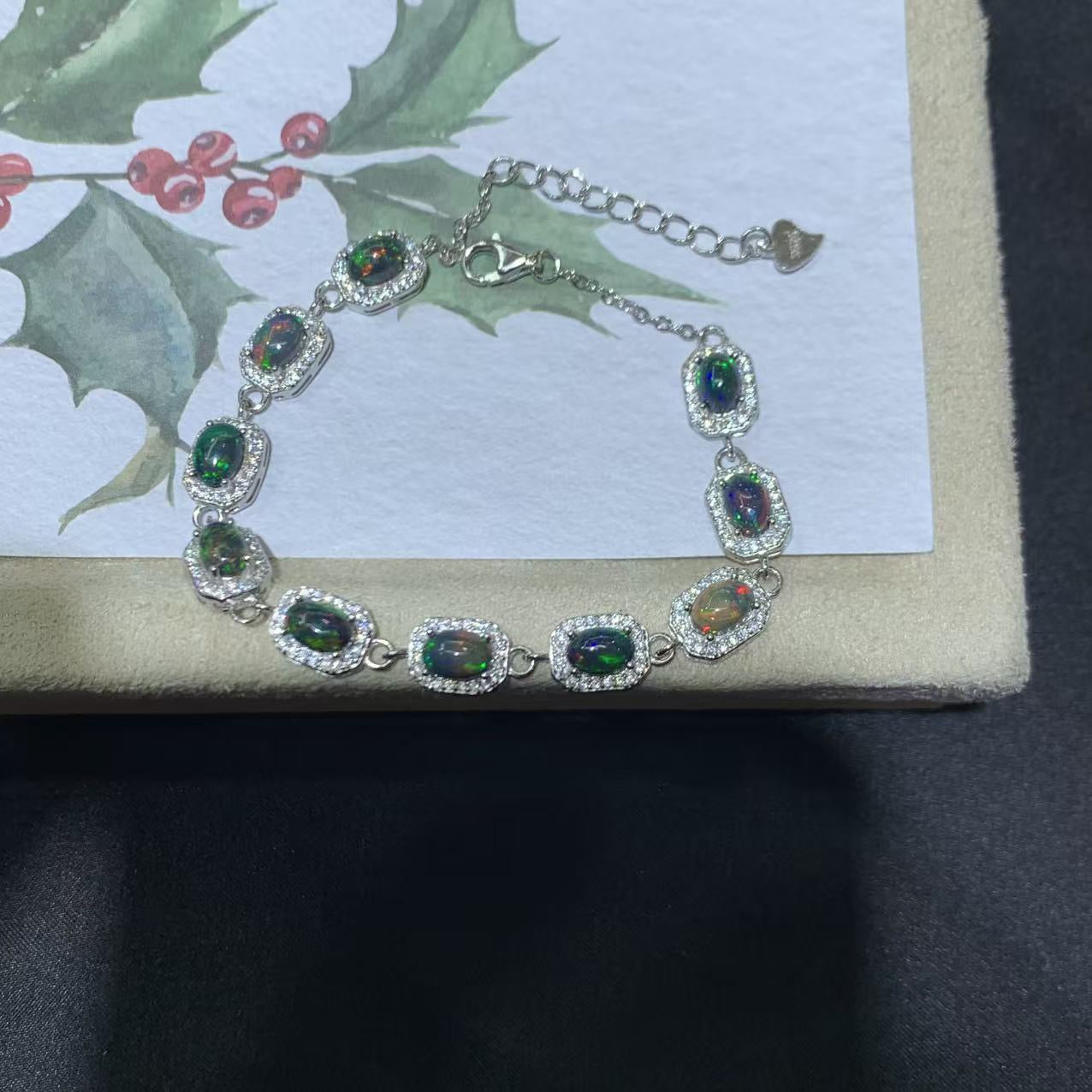 925 Sterling Silver Halo Black Opal Bracelet