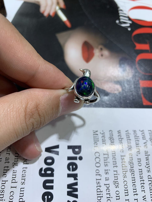 925 Sterling Silver Penguin Black Opal Open Ring