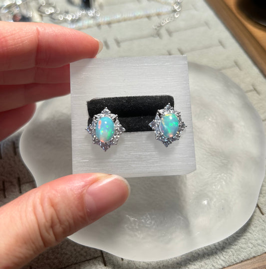 925 Sterling Silver Star Halo White Opal Stud Earrings