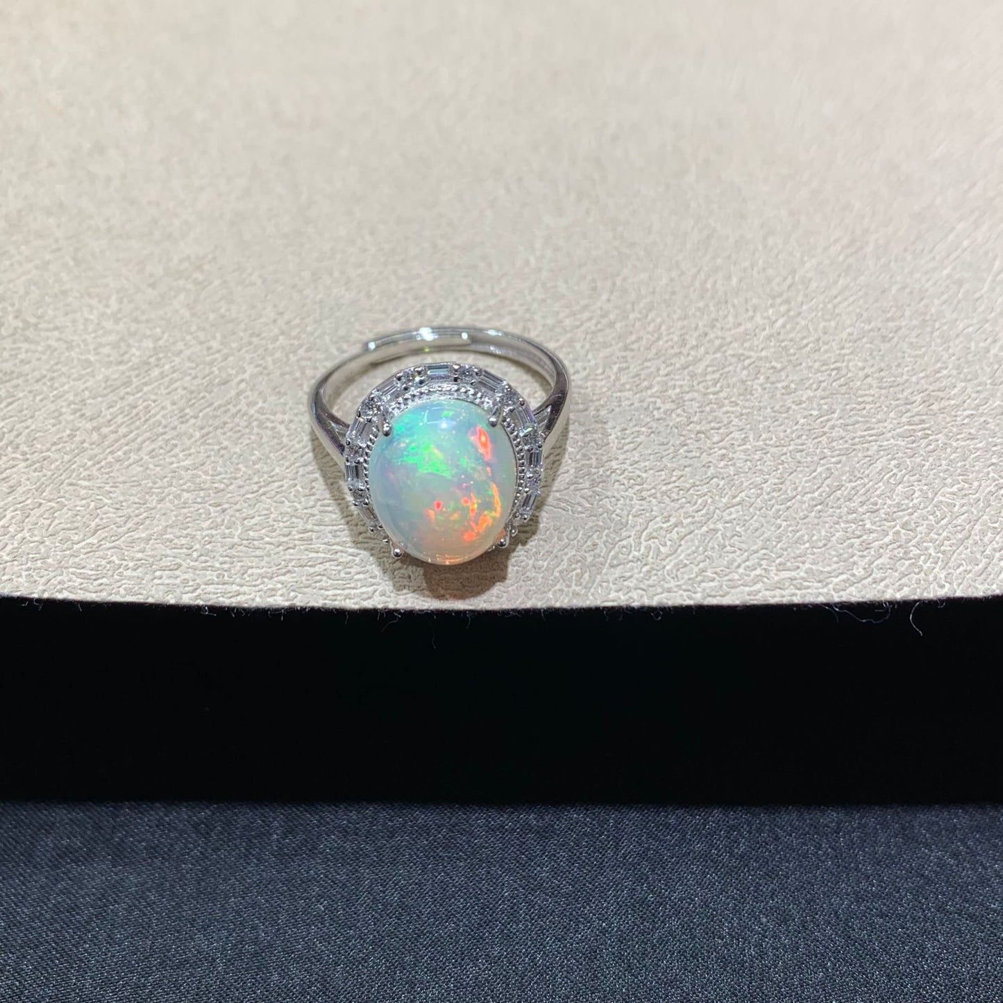 925 Sterling Silver Oval Rainbow Fire Opal Halo Ring