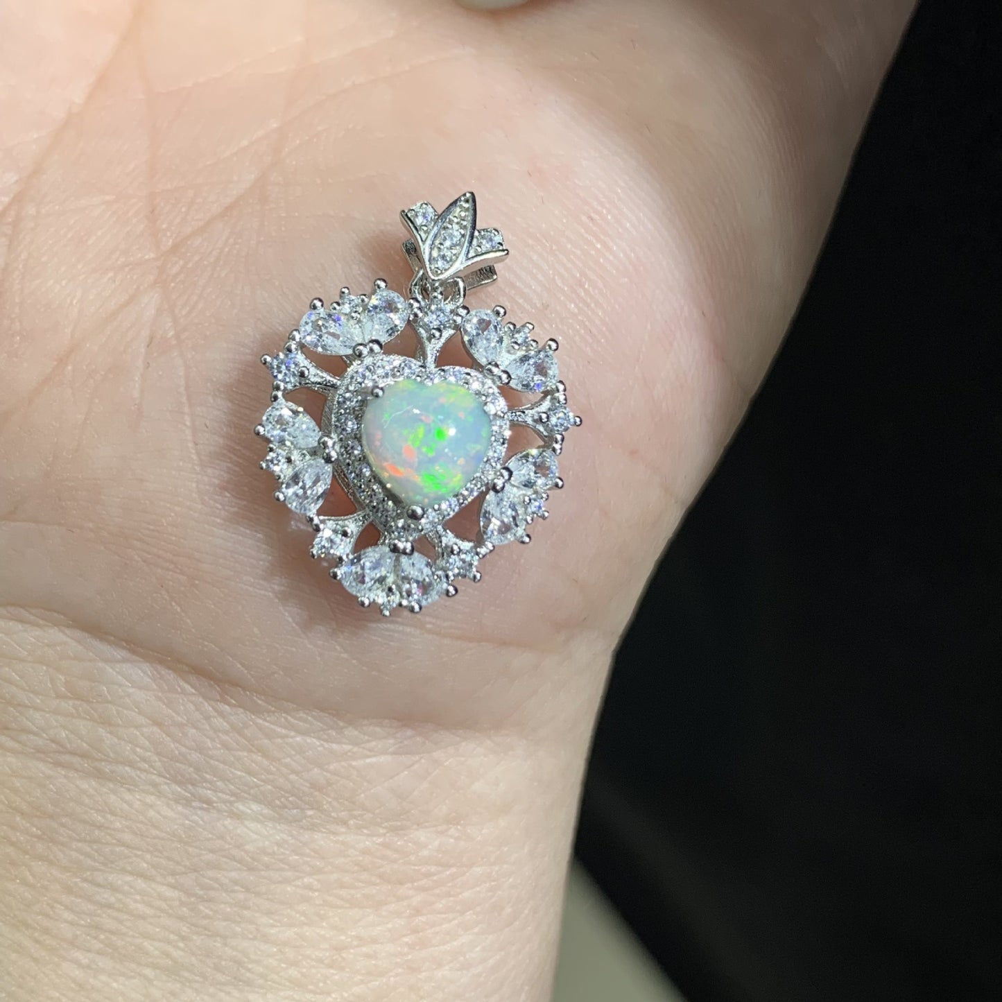 Australian 925 Sterling Silver Floral Double Halo Heart Opal Pendant