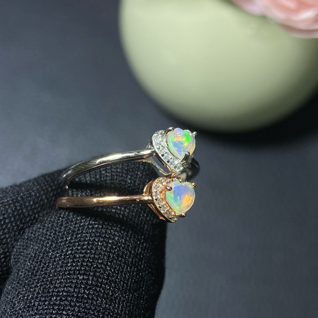 925 Rose Gold Sterling Silver Heart Opal Stackable Heart Halo Open Ring