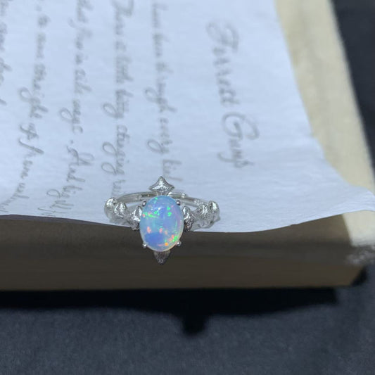 925 Matte Silver Opal Celestial Star Open Ring