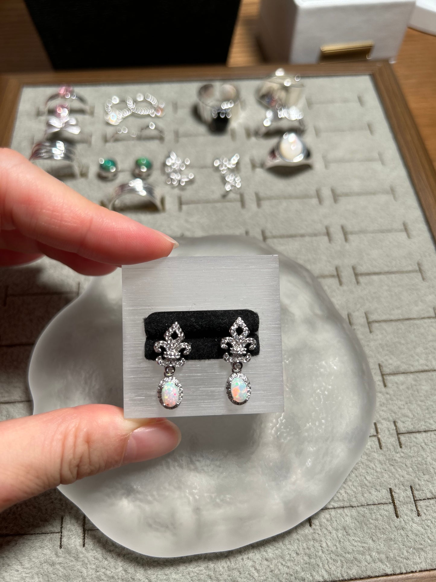 Sterling Silver White Opal Fleur-De-Lis Halo Drop Earrings