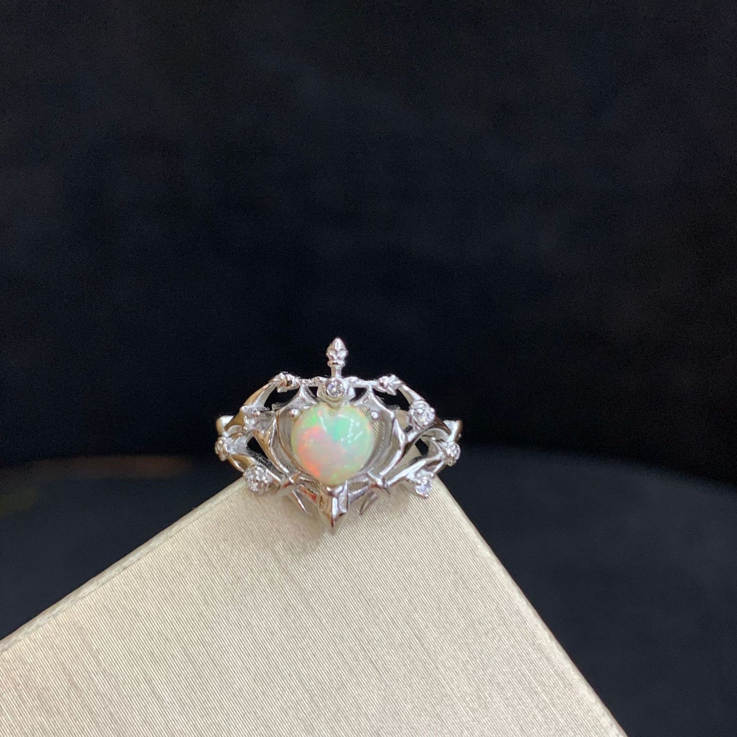 925 Sterling Silver White Opal Crown Open Ring