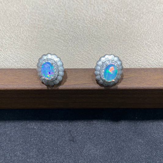 925 Sterling Silver Opal Matte Scallop Frame Stud Earrings