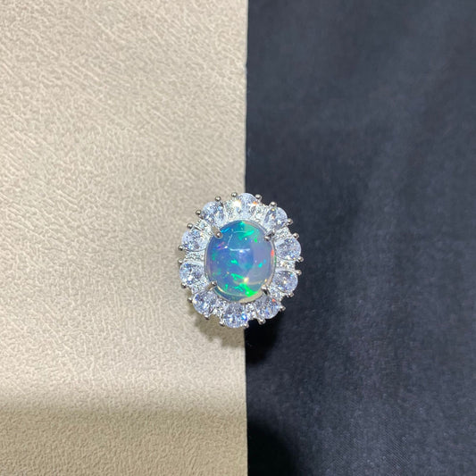 925 Sterling Silver Sunflower Opal Halo Ring