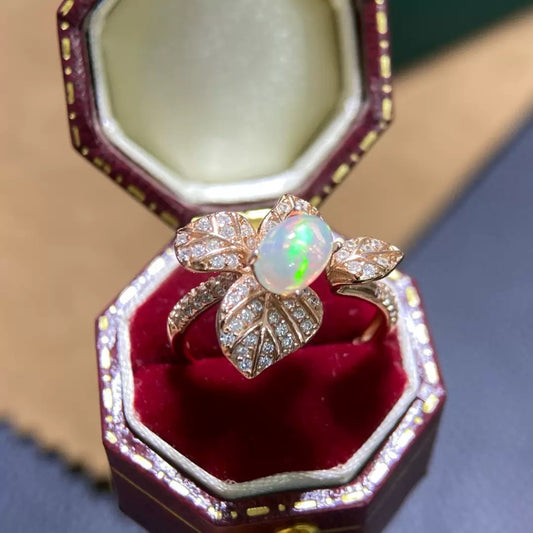 925 Sterling Silver Rose Gold Opal Leaf Open Ring